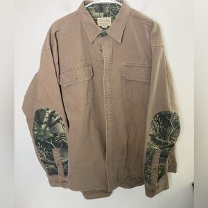 Cabela’s Light Brown Long Sleeved Shirt w Camo Elbows. XL
